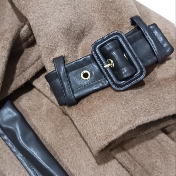 Cole Haan Wool Blend Trench Coat Faux Leather Trim - Picture 5 of 14